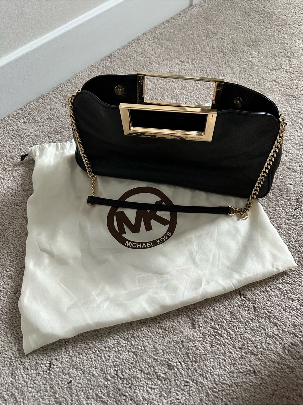 Michael Kors Black Leather Clutch with Gold Chain and Frame Handle